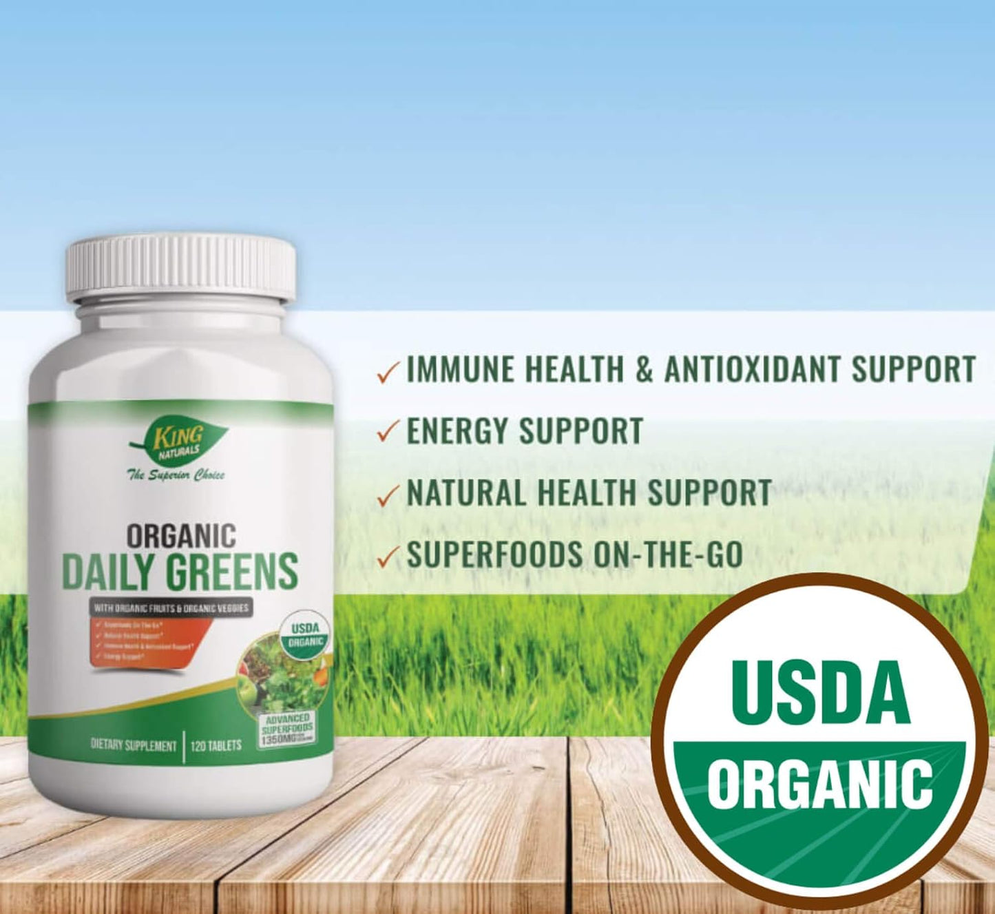 King Naturals Organic Daily Greens with Fruits & Veggies Tablets - USDA Certified, Non-GMO, Vegan. Immune Health, Antioxidant, Energy Support.