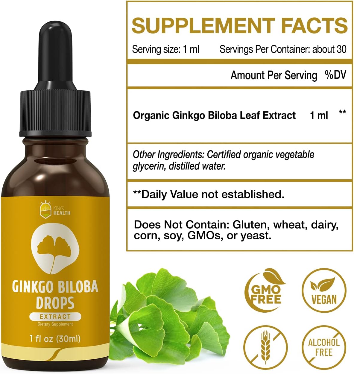 KingHealth Organic Ginkgo Biloba Liquid Extract Supplement for Brain & Focus Support - 98% Absorption, Vegan, Non-GMO - 1 Fl Oz