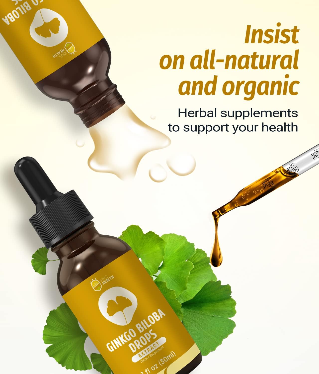 KingHealth Organic Ginkgo Biloba Liquid Extract Supplement for Brain & Focus Support - 98% Absorption, Vegan, Non-GMO - 1 Fl Oz