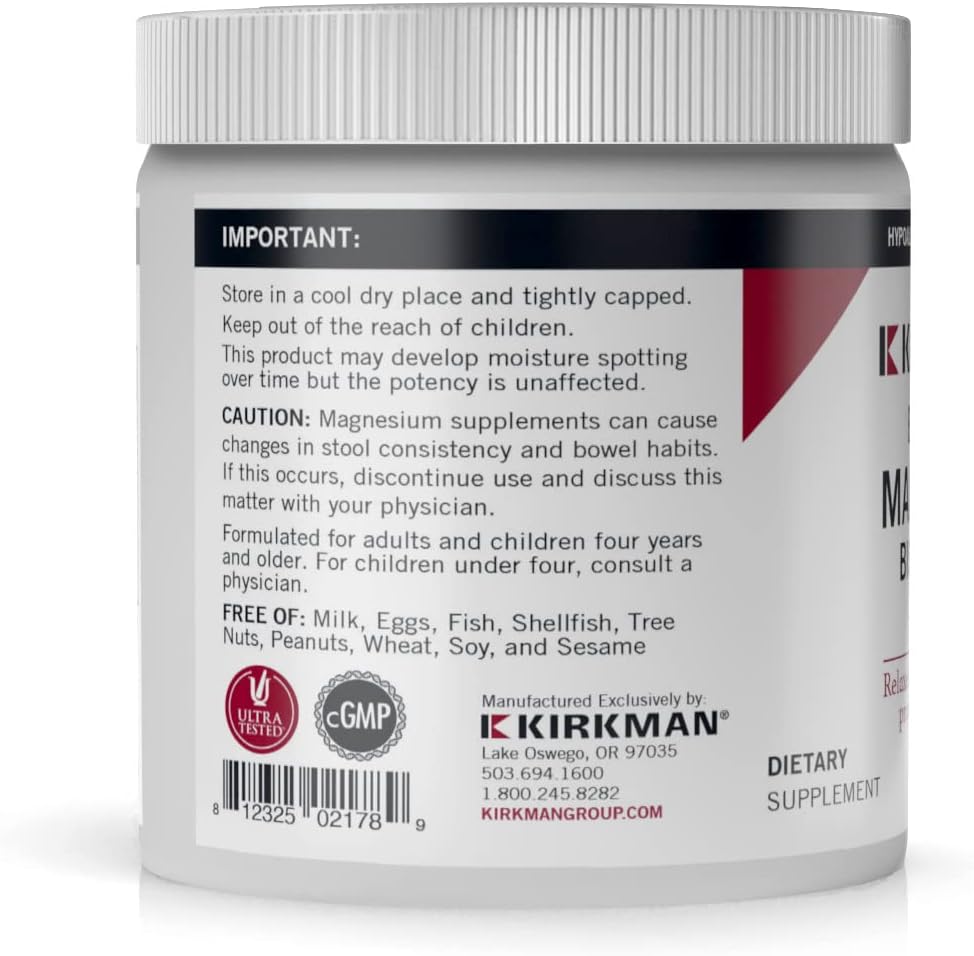 Kirkman Buffered Magnesium Bisglycinate Powder 4 oz - Calms Nerves & Muscles - Supports Deep Sleep - Hypoallergenic Formula - BoostGo Australia
