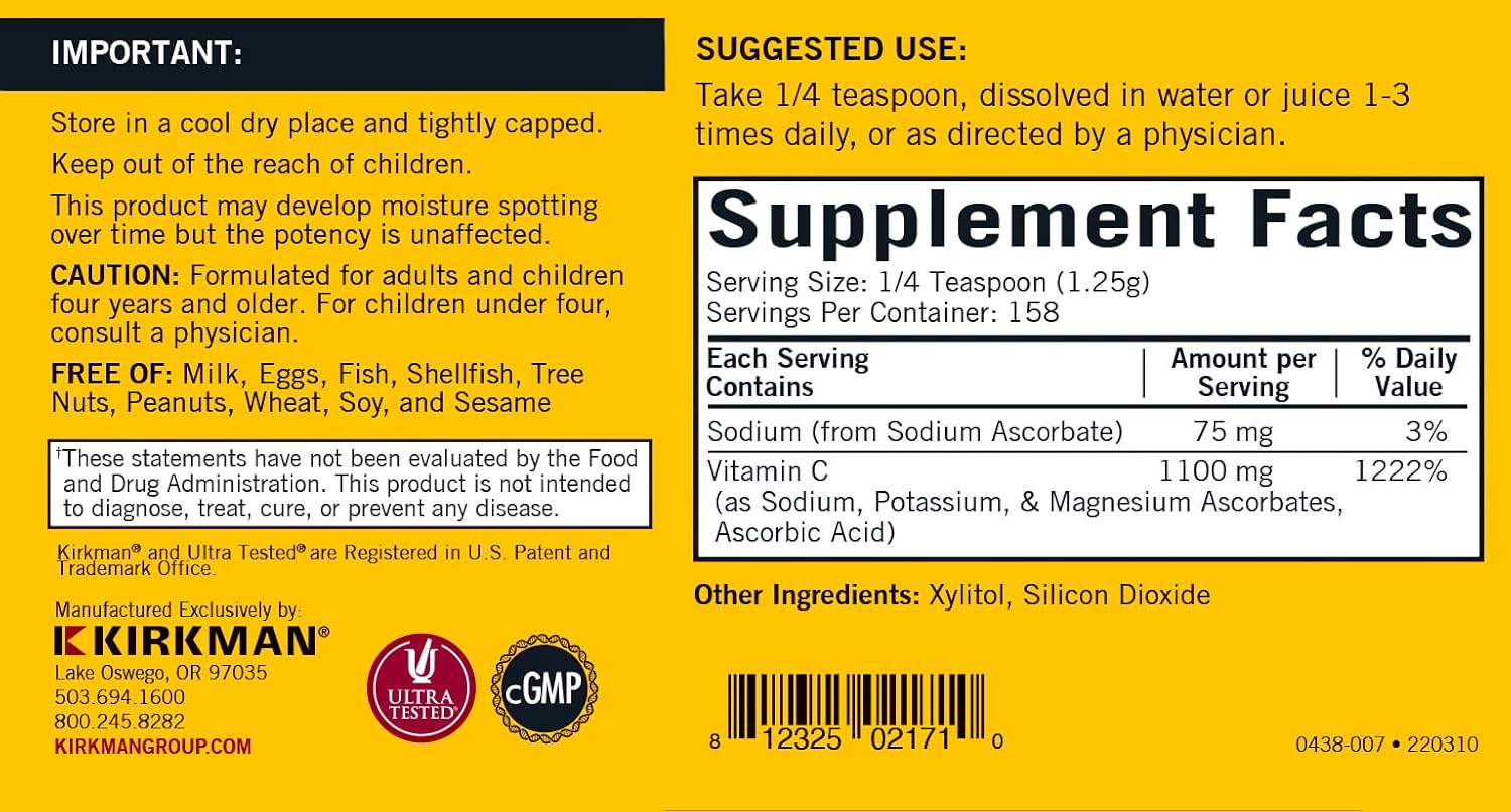 Kirkman Buffered Vitamin C Powder 7 oz - Powerful Antioxidant - Boosts Immune System - Hypoallergenic Formula - BoostGo Australia