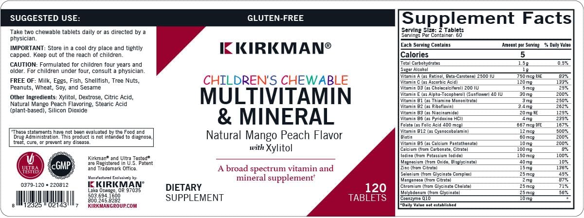 Kirkman Children's Chewable Multivitamin & Mineral - 120 Tablets - Broad-Spectrum Supplement with Xylitol - Mango Peach Flavor