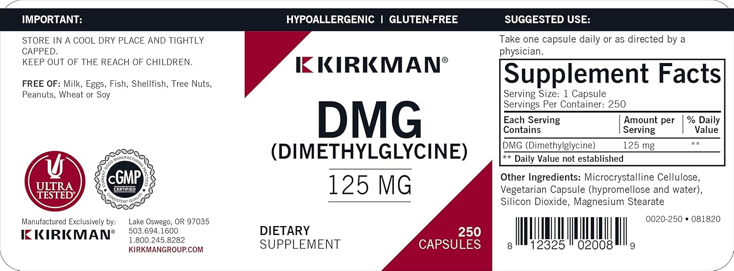 Kirkman DMG 125 mg - Hypoallergenic - 250 Vegetarian Capsules - Buy Online
