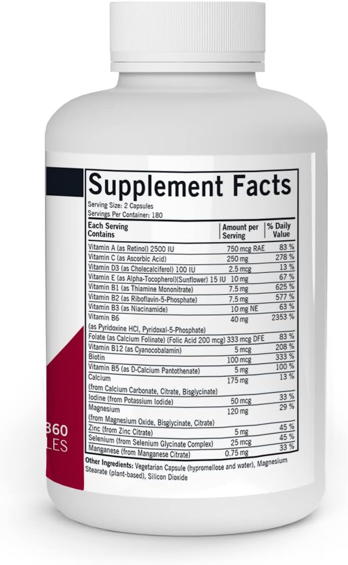 Kirkman Super Nu-Thera Capsules: Comprehensive Multivitamin with Vitamin B6 and Magnesium - 360 Count - Hypoallergenic Formula