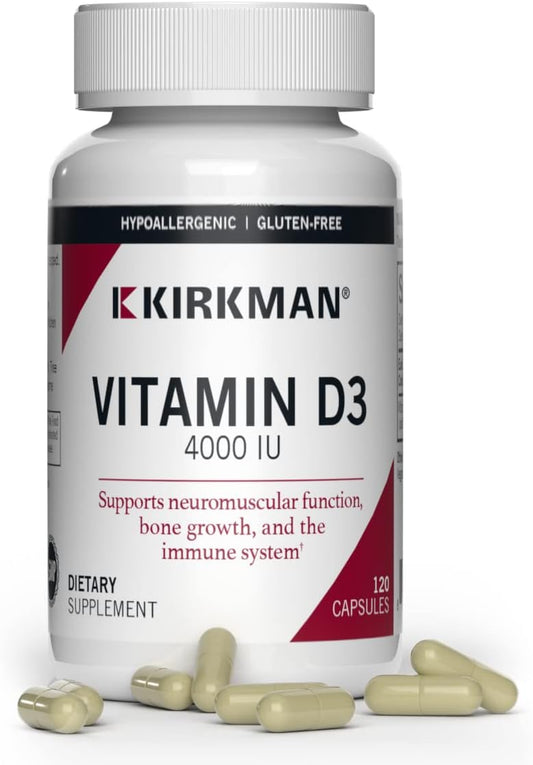 Kirkman Vitamin D3 4000 IU Capsules for Immune Health & Strong Bones - Hypoallergenic Formula - 120 Count