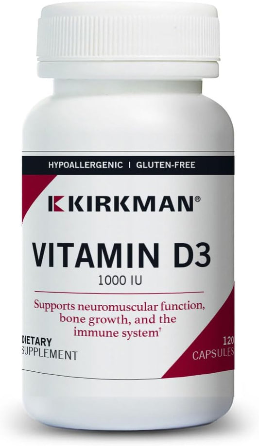 Kirkman Vitamin D3 Capsules 1000 IU - 120 Count - Boosts Immune System & Bone Health - Hypoallergenic Formula