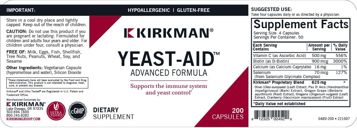 Kirkman Yeast Aid Advanced Formula 200 Capsules for Immune System Support and Yeast Control - Hypoallergenic