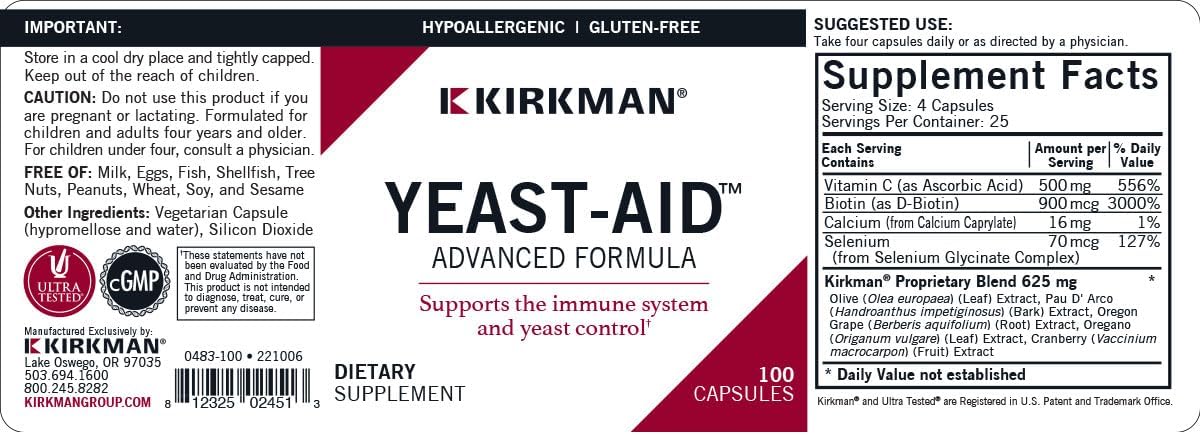 Kirkman Yeast-Aid Advanced Formula with 100 Vegetarian Capsules
