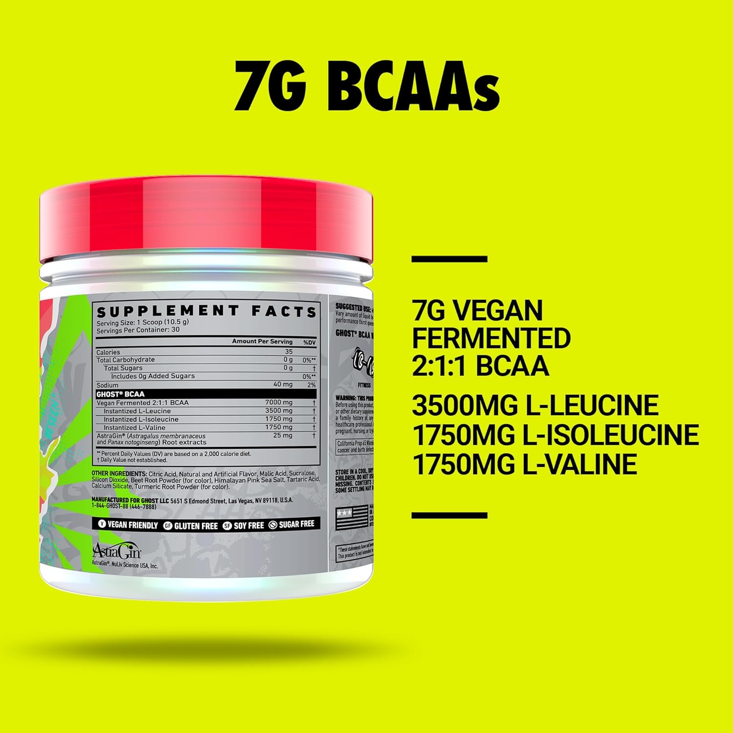 Kiwi Strawberry GHOST BCAA Powder: Sugar-Free Amino Acids Supplement - 30 Servings for Intra, Post & Pre Workout Recovery