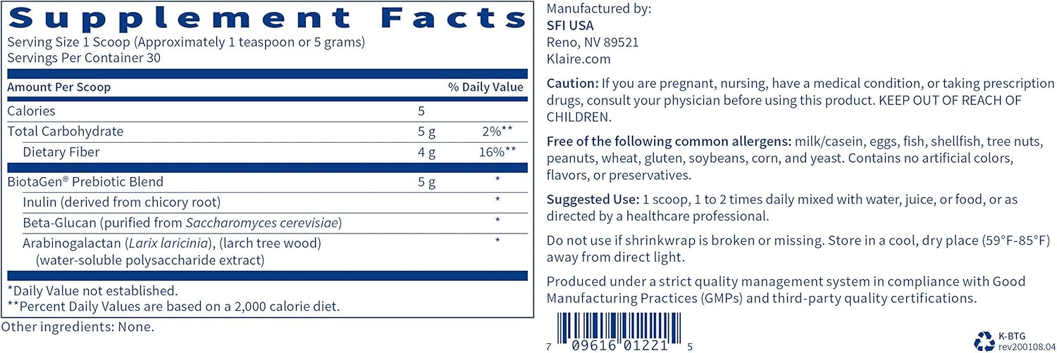 Klaire Labs Biotagen Powder - Prebiotic Blend for Gut Microbiota Support (30 Servings, 150g)