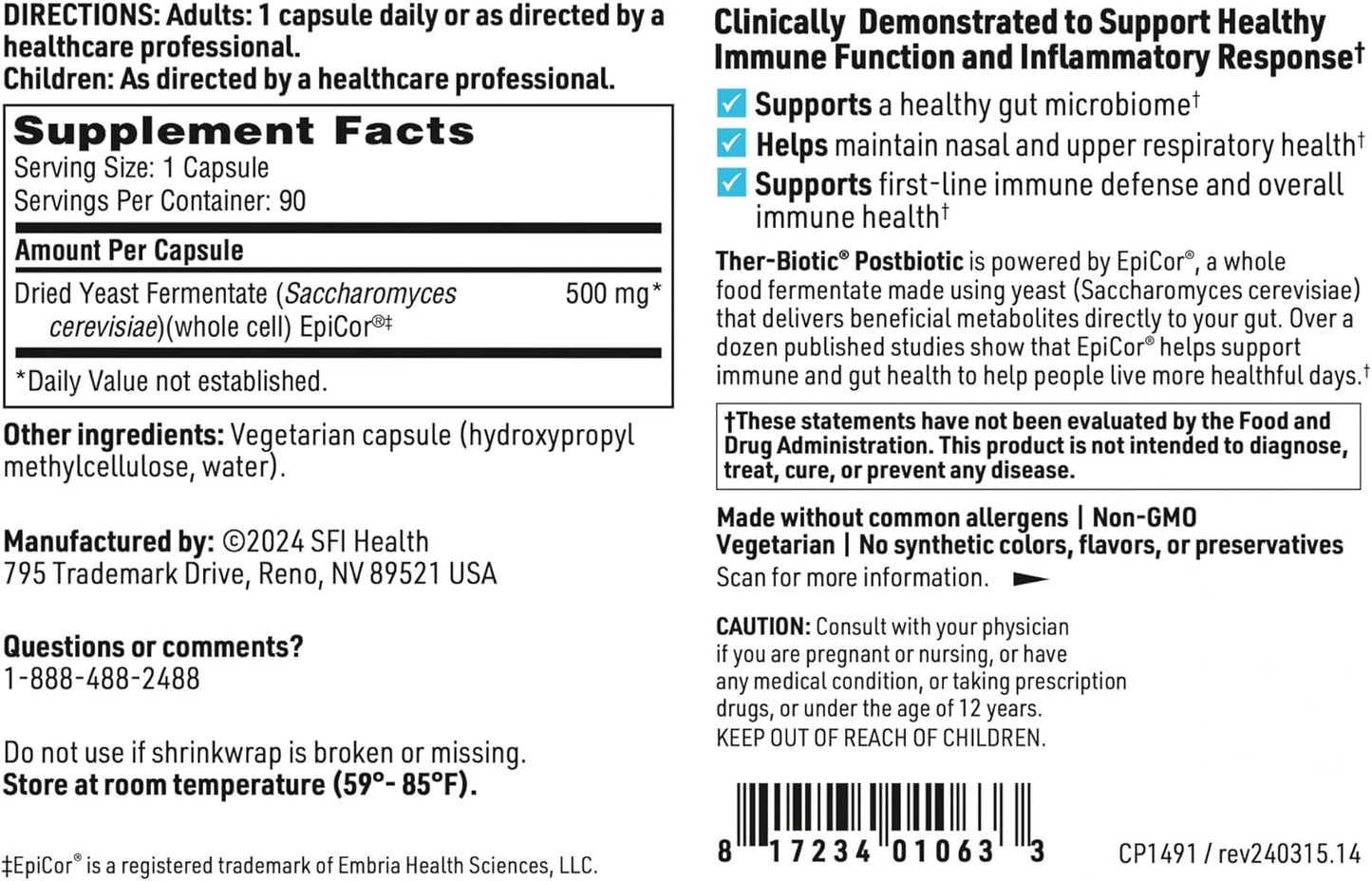 Klaire Labs EpiCor Immune Support Supplement - 500mg Saccharomyces Cerevisiae - Balances Immune Function - 90 Veg Capsules