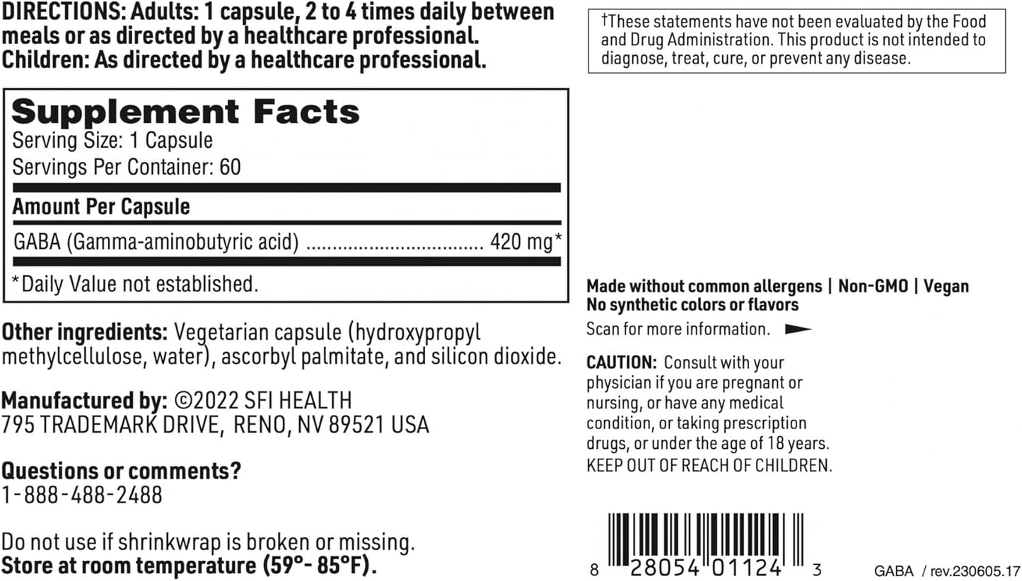 Klaire Labs GABA Capsules - 420mg Gamma-Aminobutyric Acid for Calm & Mood Support (60 Count)