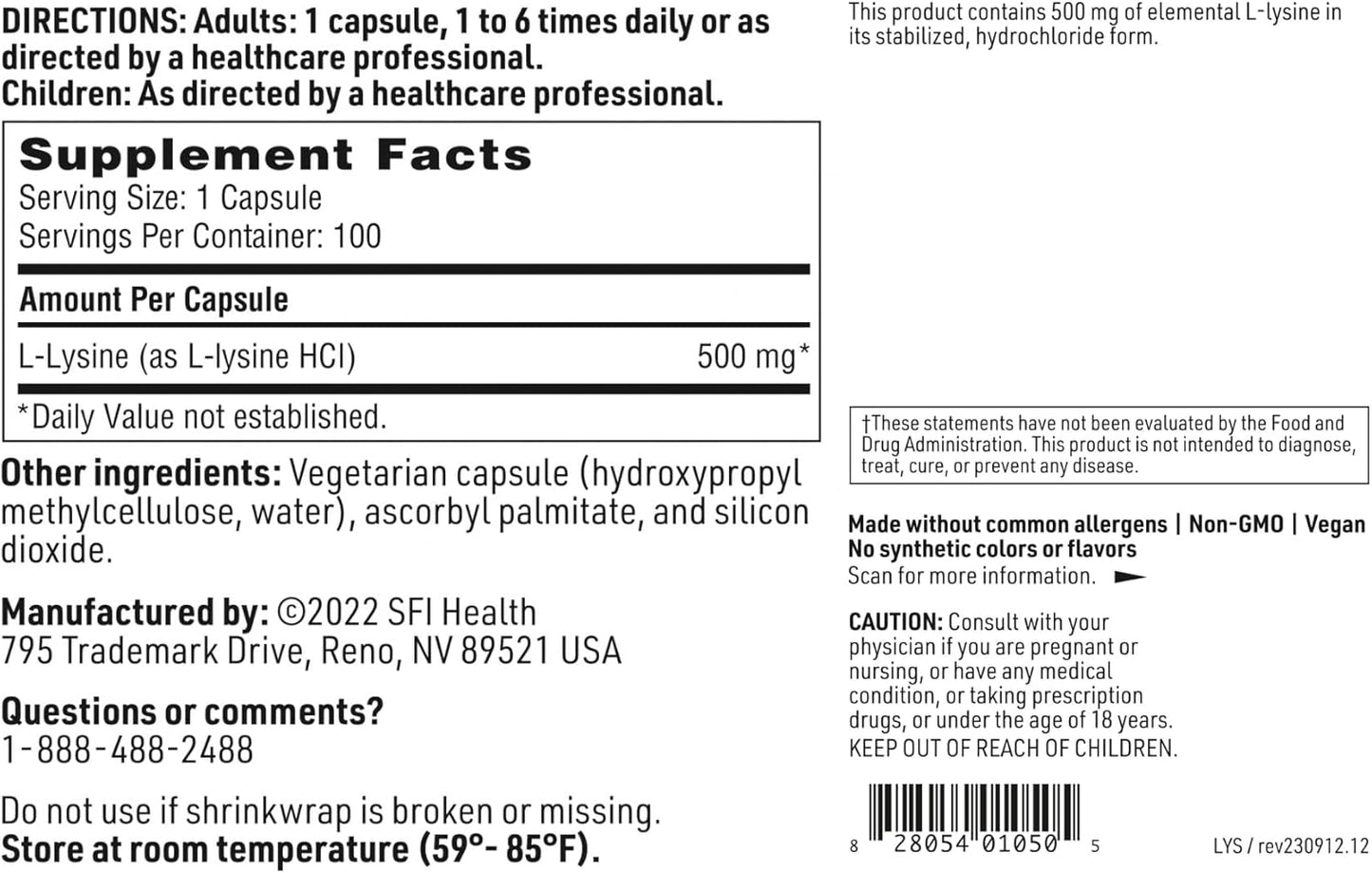 Klaire Labs L-Lysine Capsules - 500mg Essential Amino Acid for Immune & Collagen Support, Hypoallergenic & Dairy-Free - 100 Count
