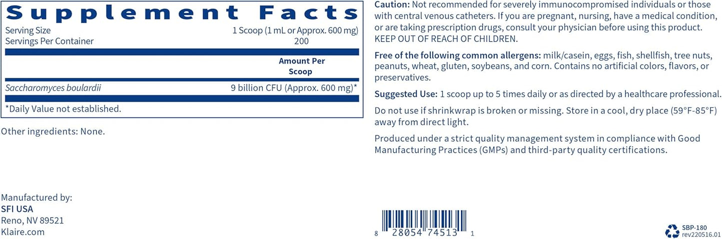 Klaire Labs Saccharomyces Boulardii Probiotic Powder - Supports Healthy Yeast Balance - Digestive & Immune Support - Hypoallergenic - Double Scoop for Kids & Adults (4.48oz)