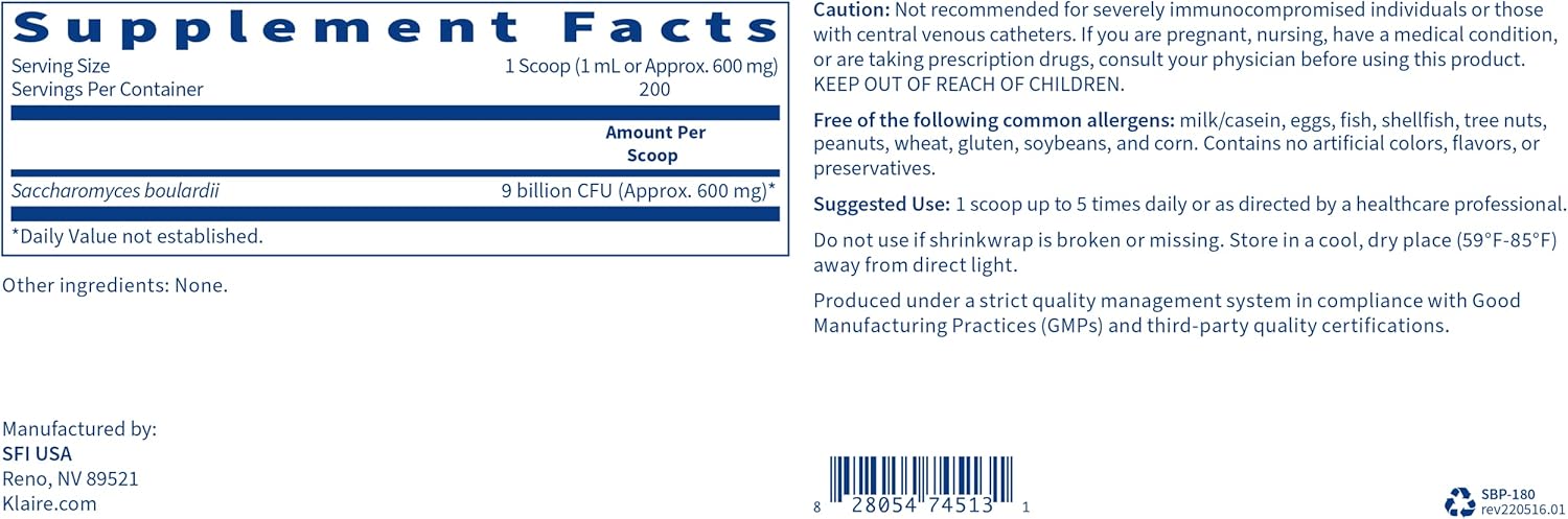 Klaire Labs Saccharomyces Boulardii Probiotic Powder - Supports Healthy Yeast Balance - Digestive & Immune Support - Hypoallergenic - Double Scoop for Kids & Adults (4.48oz)