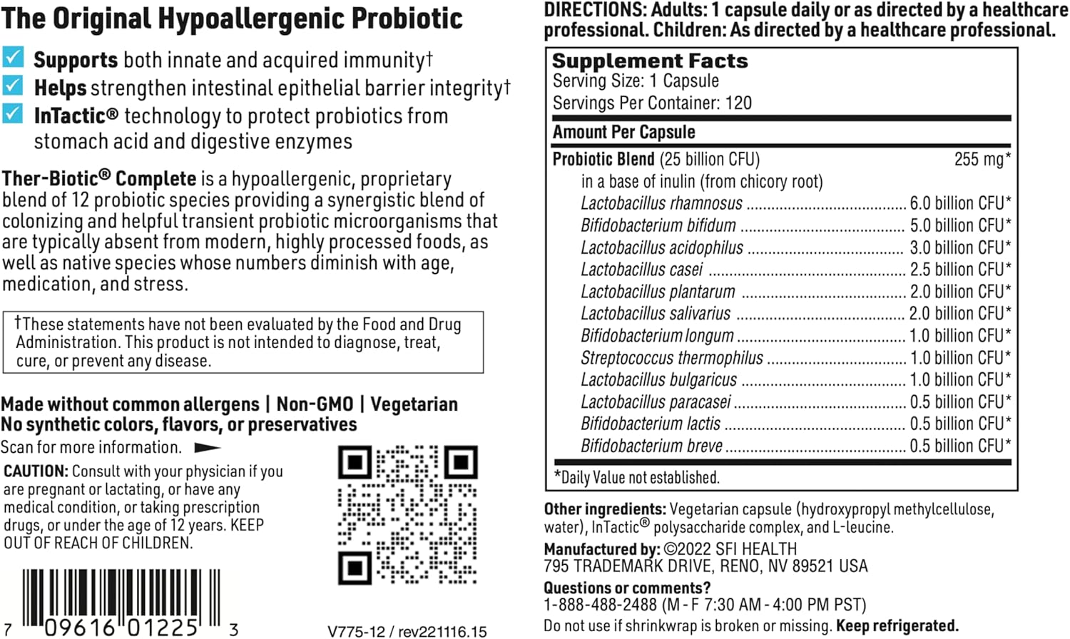 Klaire Labs Ther-Biotic Complete Probiotic Supplement - 25 Billion CFU - Hypoallergenic for Men and Women - Digestive and Immune Support - Dairy-Free - 120 Capsules (2 Pack)