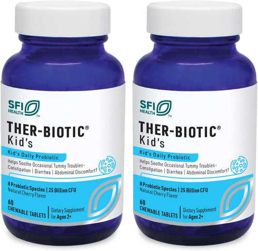 Klaire Labs Ther-Biotic Kids Chewable Probiotic - 25b CFU Lactobacillus + Bifidobacterium - Dairy-Free, Hypoallergenic - 2 Pack of 60 Tablets - Supports GI Health and Immune System in Children