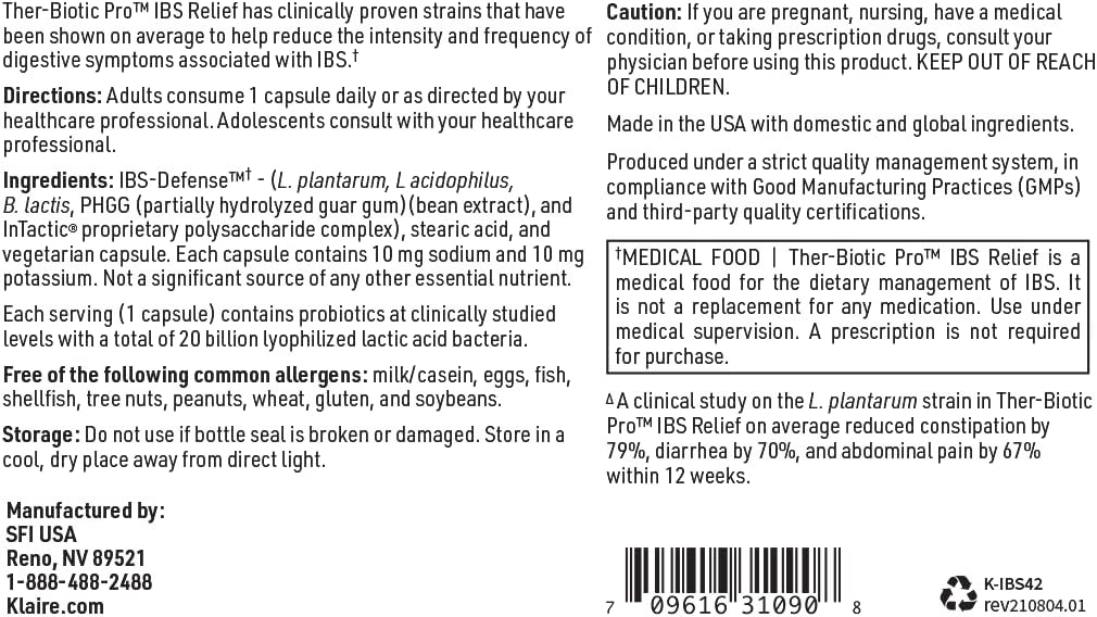 Klaire Labs Ther-Biotic Pro IBS Relief - Medical Food for Dietary Management of IBS - Prebiotics & Probiotics for Digestive Health - Gut Health Support for Constipation & Gas (42 Capsules)