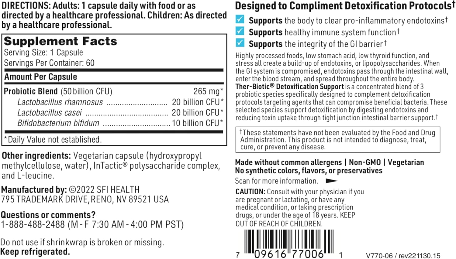 Klaire Labs Ther-Biotic Probiotic Supplement - 50 Billion CFU - Supports GI Detox, Digestive Health - Hypoallergenic Lactobacillus + Bifidobacterium - 60 Capsules