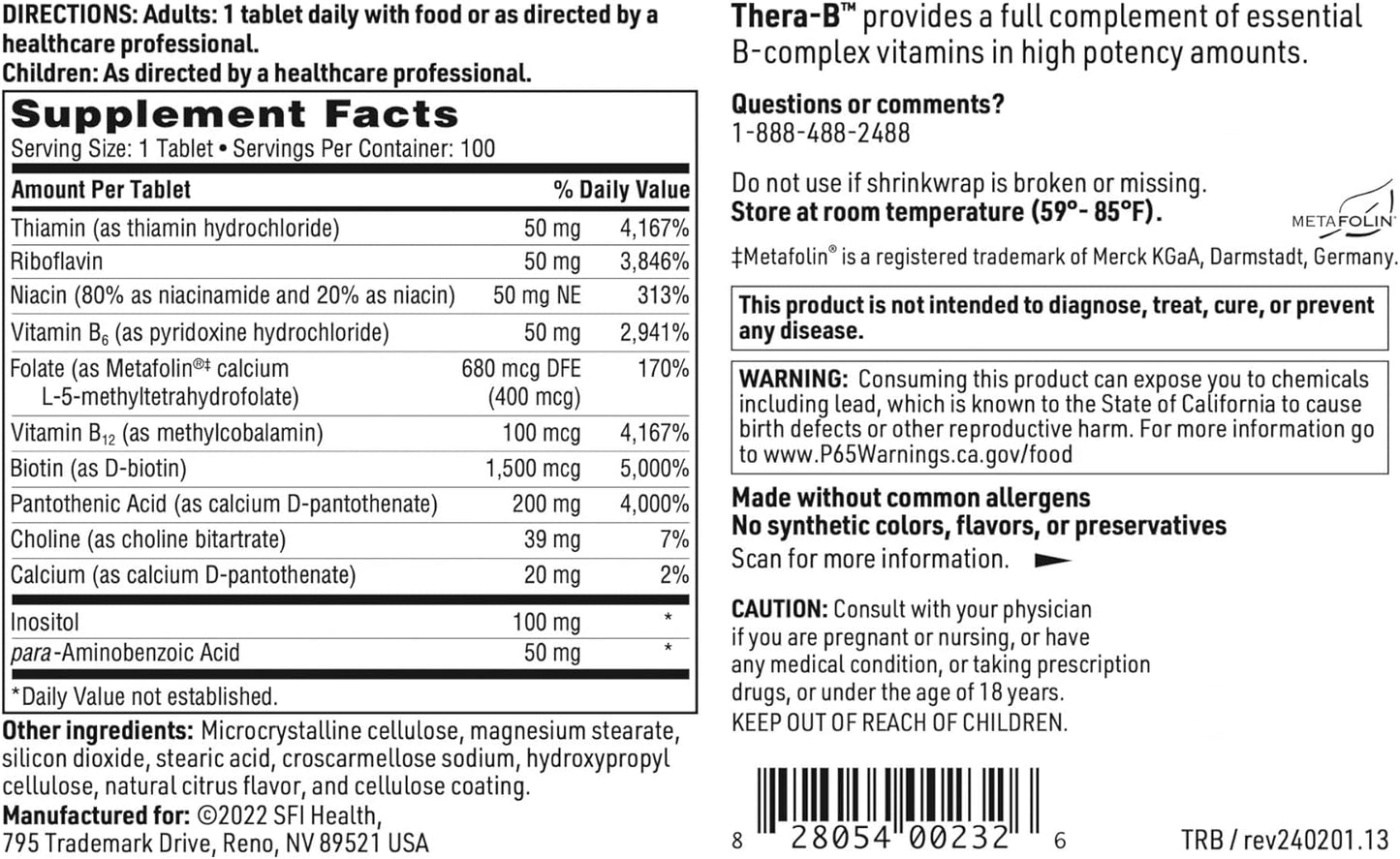 Klaire Labs Thera-B - Hypoallergenic Vitamin B Complex with Activated Folate & Biotin (100 Tablets)