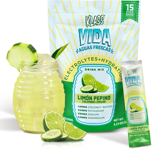 KLASS VIDA Cucumber Limeade Electrolyte Drink Mix Packets - Sugar-Free, Low Calorie, Natural Flavors - 15 Single Serve Sticks