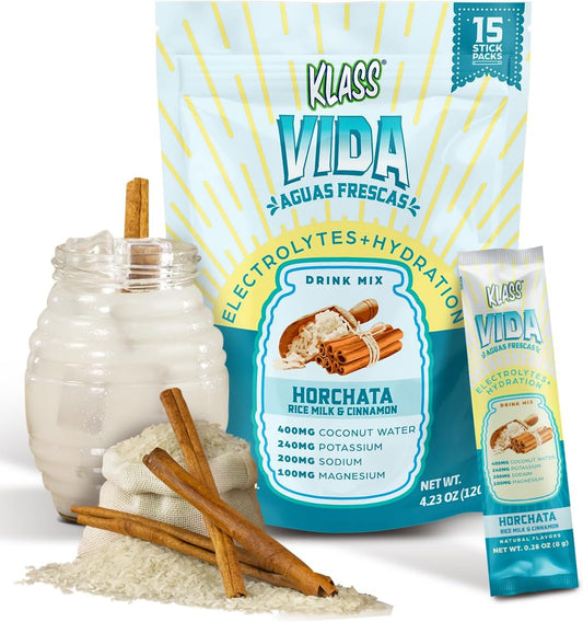 KLASS VIDA Horchata Electrolyte Agua Fresca Drink Mix Powder Packets - 15 Single Serve Sticks, Sugar-Free, Low Calorie