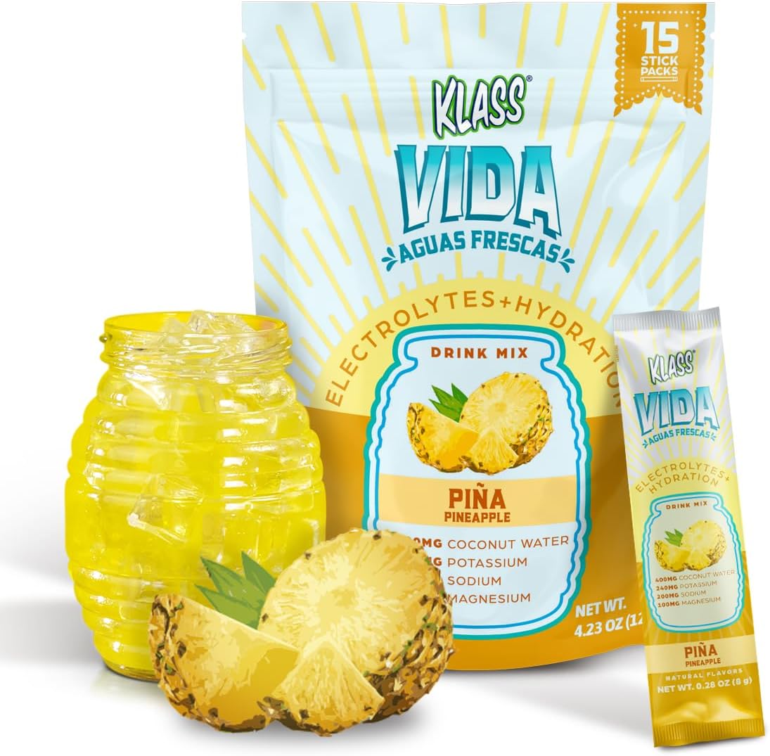 KLASS VIDA Pineapple Electrolyte Agua Fresca Drink Mix - 15 Packets, Sugar-Free, Low Calorie, Natural Flavors