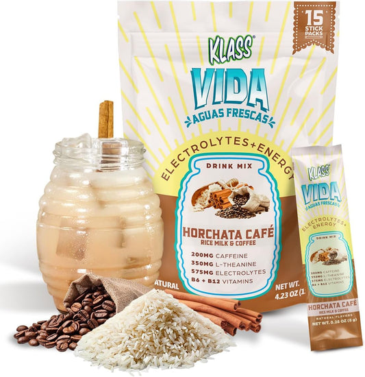 KLASS VIDA Sugar-Free Electrolyte Drink Mix, Horchata Flavor with Caffeine & Theanine, 15 Single Serve Packets - Hydration and Energy Boost, Low Calorie