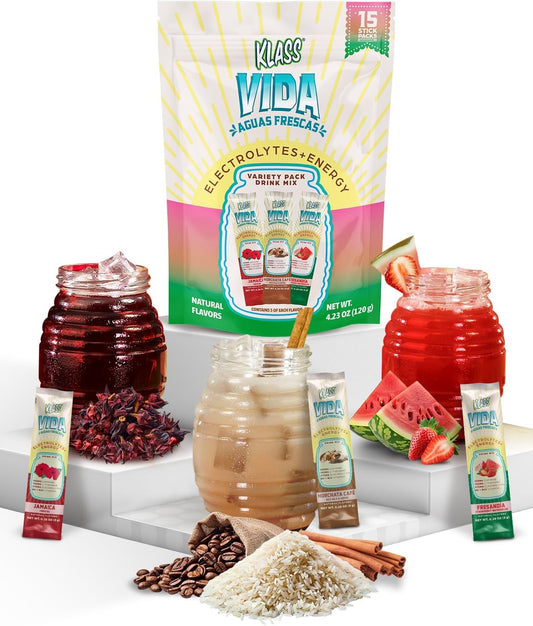 KLASS VIDA Sugar-Free Hydration + Energy Powder Sticks | Electrolyte Drink Mix | Hibiscus, Horchata, Strawberry Watermelon | Low Calorie | Caffeine & Theanine