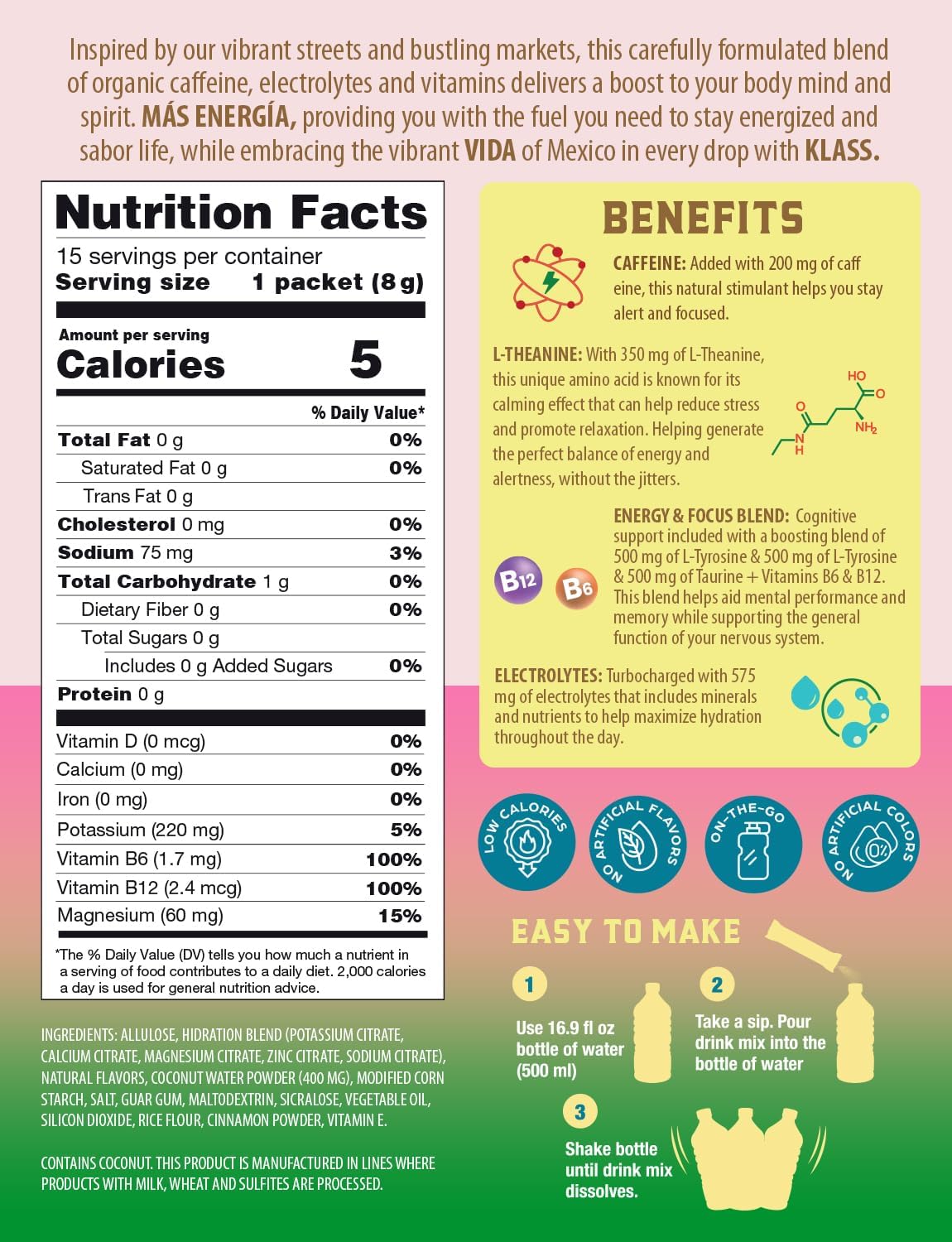 KLASS VIDA Sugar-Free Hydration + Energy Powder Sticks | Electrolyte Drink Mix | Hibiscus, Horchata, Strawberry Watermelon | Low Calorie | Caffeine & Theanine
