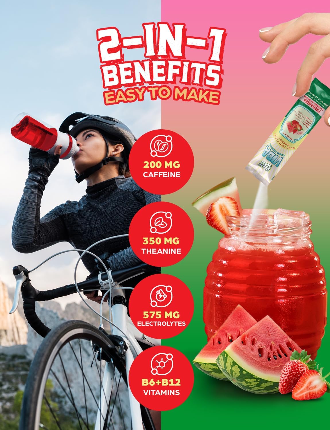 KLASS VIDA Sugar-Free Hydration + Energy Powder Sticks | Electrolyte Drink Mix | Hibiscus, Horchata, Strawberry Watermelon | Low Calorie | Caffeine & Theanine
