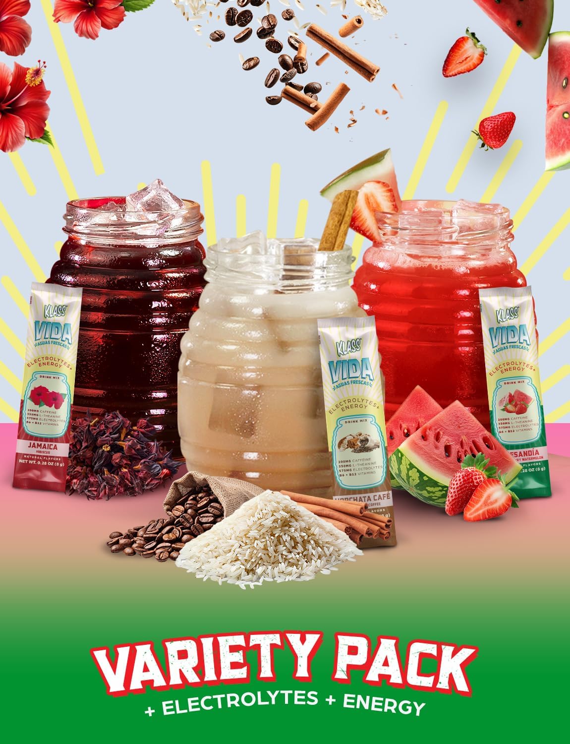KLASS VIDA Sugar-Free Hydration + Energy Powder Sticks | Electrolyte Drink Mix | Hibiscus, Horchata, Strawberry Watermelon | Low Calorie | Caffeine & Theanine