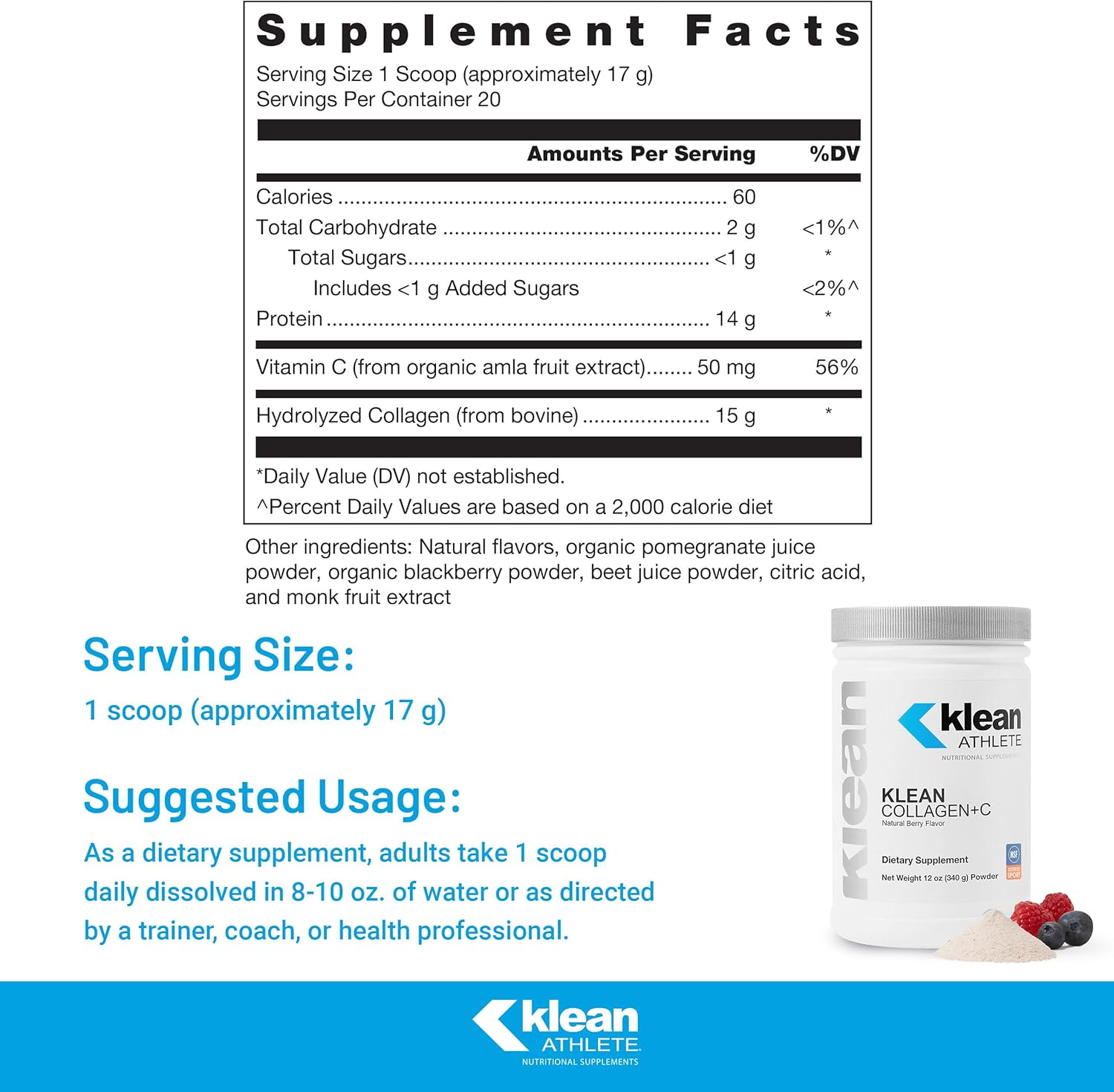 Klean Collagen+C by Klean ATHLETE - Collagen Peptides with Vitamin C for Joint Support - 12oz Berry Flavor