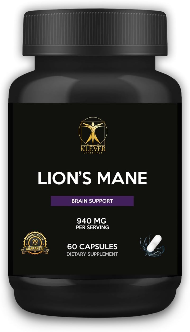 Klever Lifestyle Lion's Mane Mushroom Supplement 60 Capsules - Memory and Focus Booster - 940mg per Serving