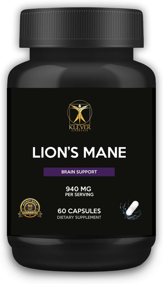 Klever Lifestyle Lion's Mane Mushroom Supplement 60 Capsules - Memory and Focus Booster - 940mg per Serving