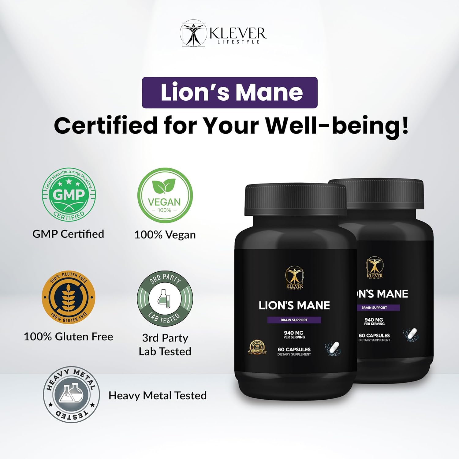 Klever Lifestyle Lion's Mane Mushroom Supplement 60 Capsules - Memory and Focus Booster - 940mg per Serving