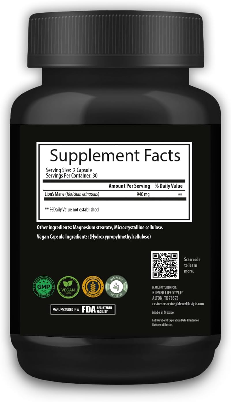 Klever Lifestyle Lion's Mane Mushroom Supplement 60 Capsules - Memory and Focus Booster - 940mg per Serving