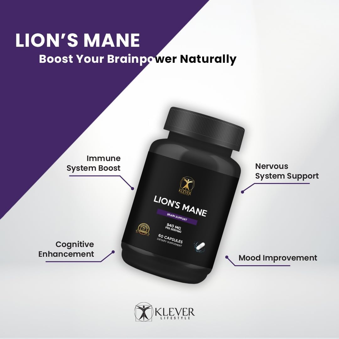 Klever Lifestyle Lion's Mane Mushroom Supplement 60 Capsules - Memory and Focus Booster - 940mg per Serving