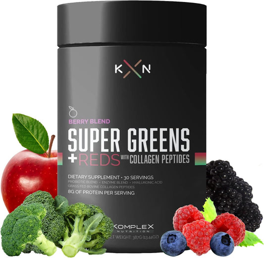 KompleX Nutrition Superfoods Greens and Reds Blend with Grass-Fed Collagen Peptides, 30 Servings - Hydrolyzed and Pastured-Raised