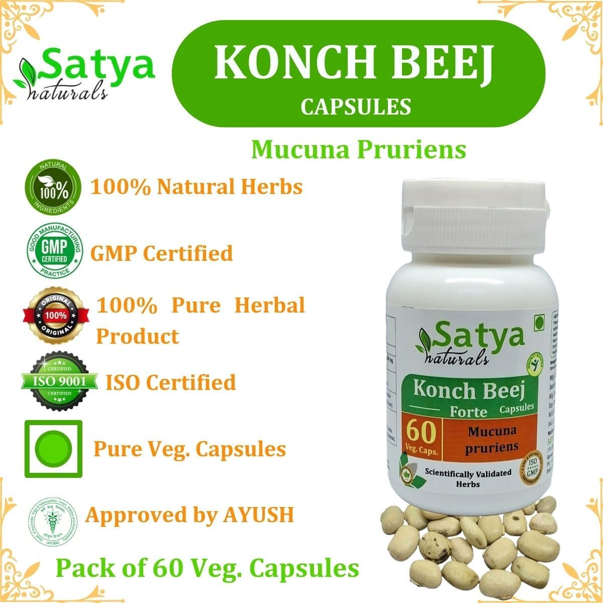 Konch Beej (Mucuna Pruriens) Extract Capsules 500mg - Ayurvedic Herbal Supplement for Men and Women - 60 Veg Capsules - 10:1 Forte Formula