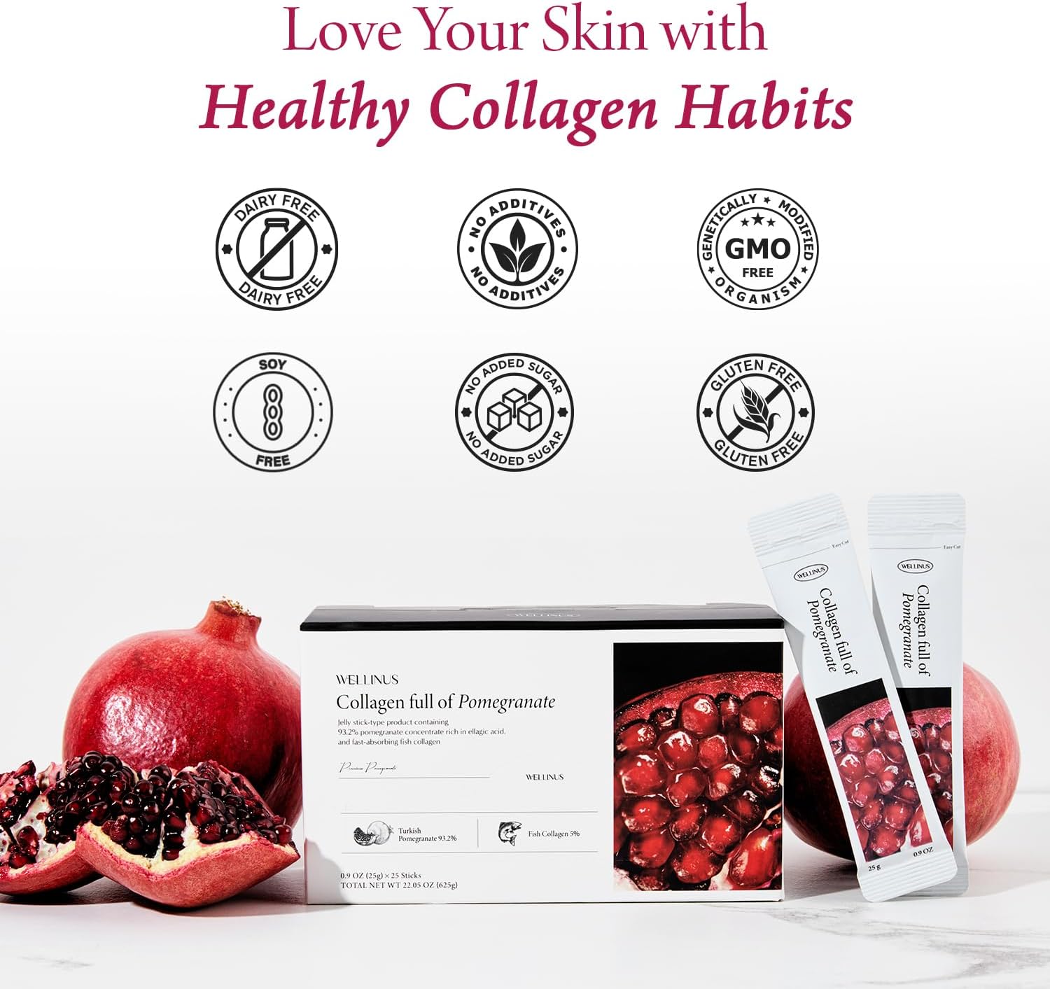Korean Beauty Collagen Pomegranate Jelly Sticks with Fast-Absorbing Marine Collagen - 22.05 oz (Pack of 25)