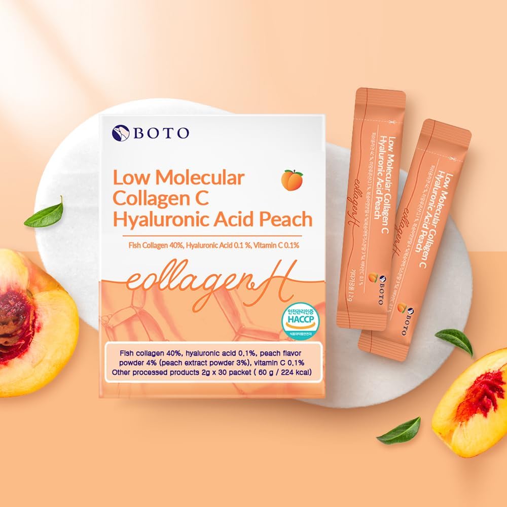 Korean Beauty Peach Flavored Collagen Peptides Powder Supplement with Hyaluronic Acid and Vitamin C - 30 Day Supply