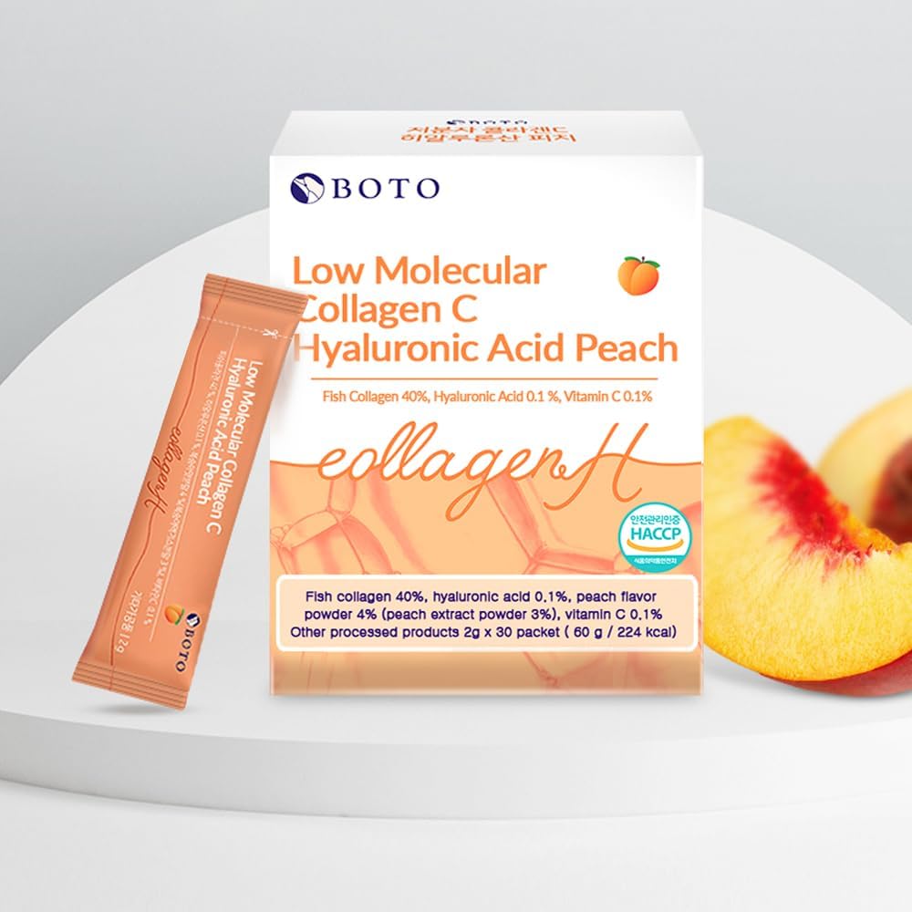 Korean Beauty Peach Flavored Collagen Peptides Powder Supplement with Hyaluronic Acid and Vitamin C - 30 Day Supply