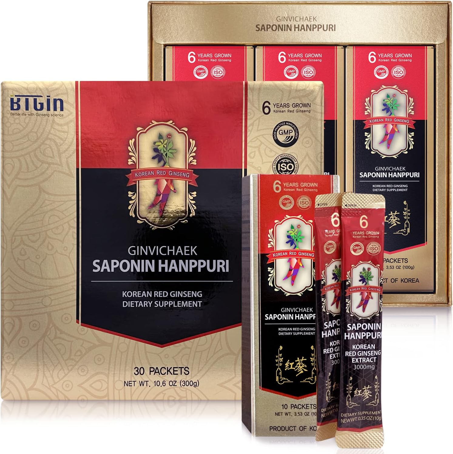 Korean Red Ginseng Extract 3000mg with Saponin Hanppuri for Immune Support and Focus - Ginsenoside Rg3, Panax Ginseng Root - 30 Packets