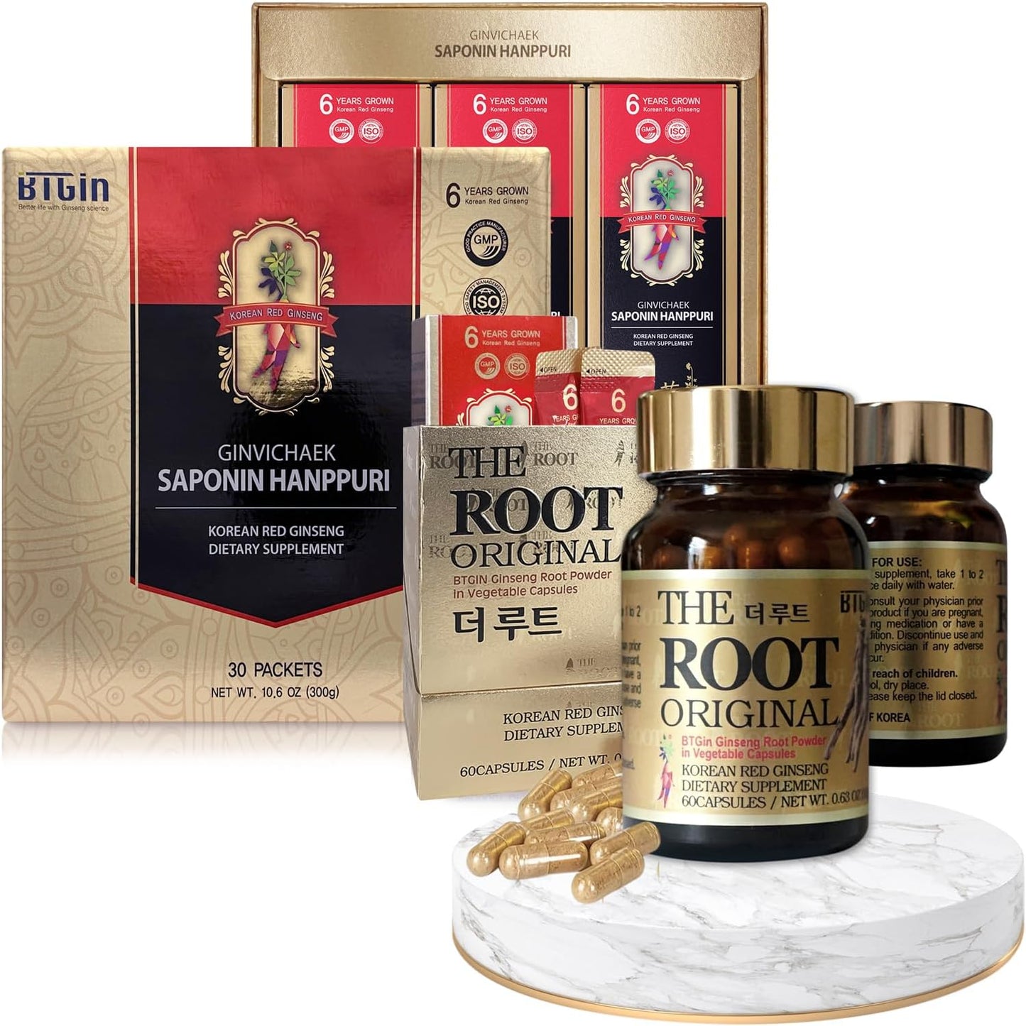 Korean Red Ginseng Extract Bundle - 3000mg Saponin Hanppuri + The Root Original Capsules - Immune Support, Stress Relief, Focus & Mental Clarity - Ginsenoside Rg3 - Natural Energy Supplements