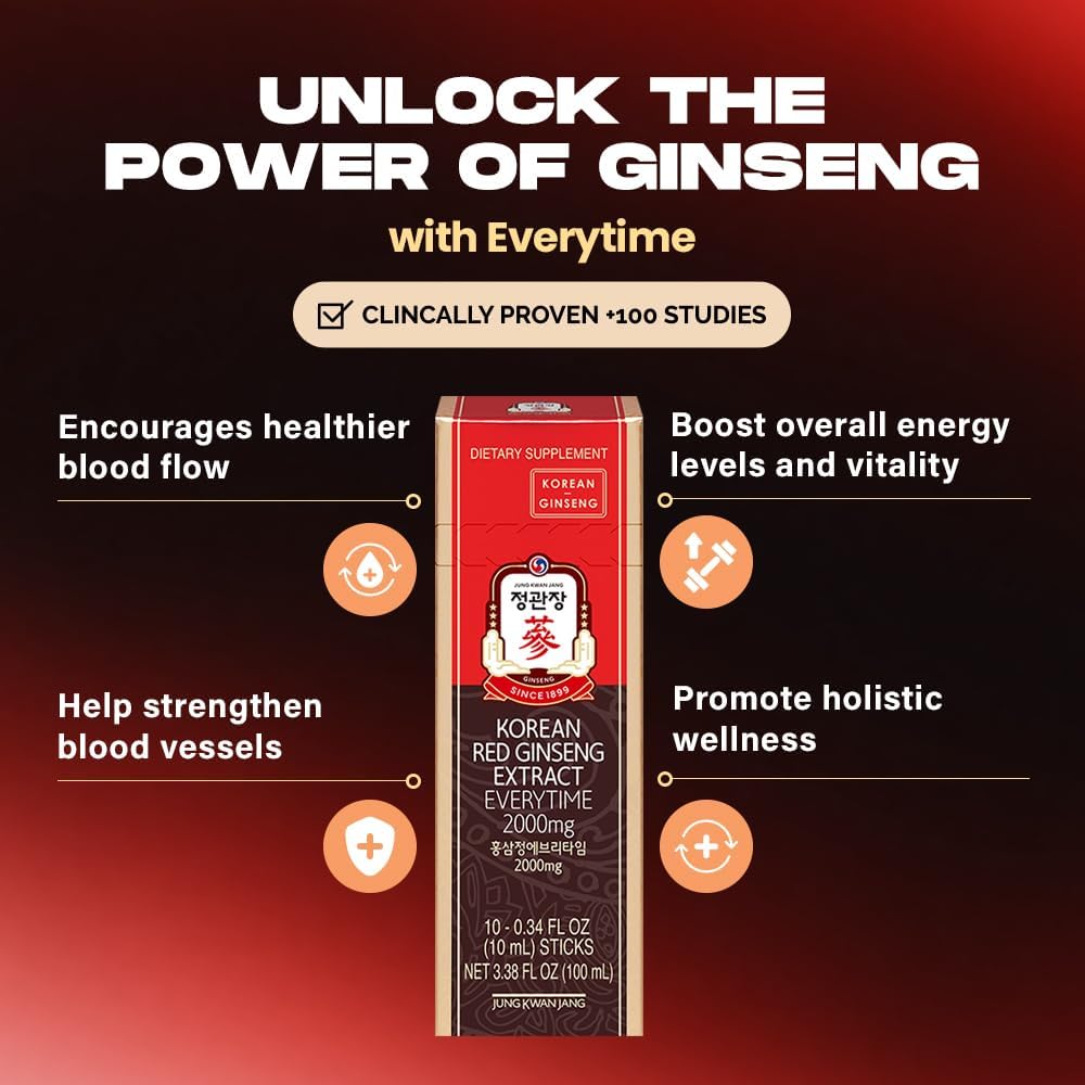 Korean Red Ginseng Extract Everytime 2000mg for Energy Boost & Immune Support - 20 Count Pack - Caffeine-Free Ginseng Supplement