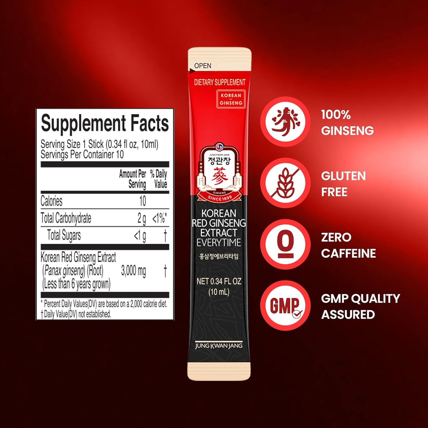 Korean Red Ginseng Extract Everytime 3000mg - Sugar Free Energy Supplement | Ginseng Tea for Stamina & Energy Boost | 10 Pack