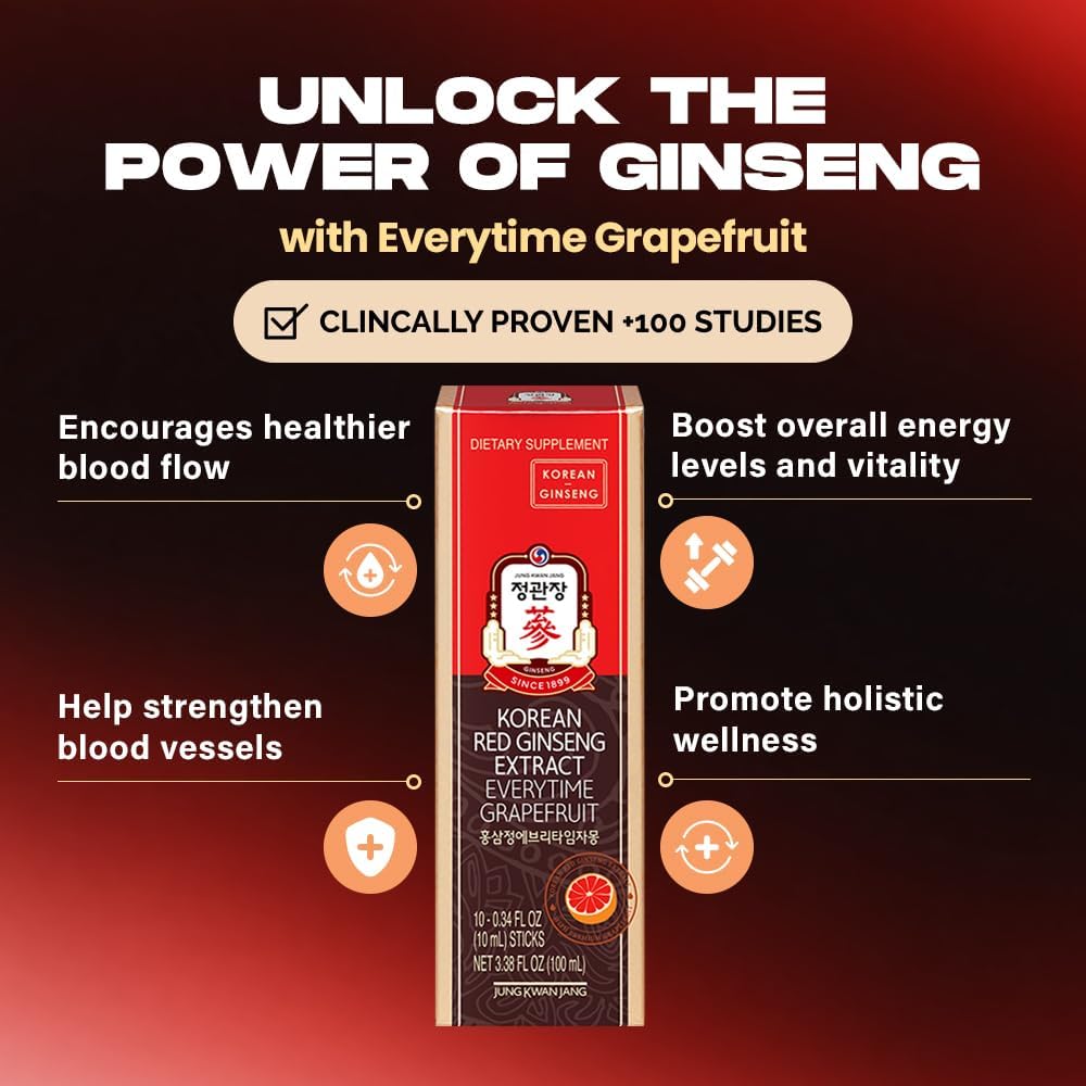 Korean Red Ginseng Extract Everytime Grapefruit 1000mg Capsules - Energy Booster, Antioxidant, Gluten-free - 60 Count