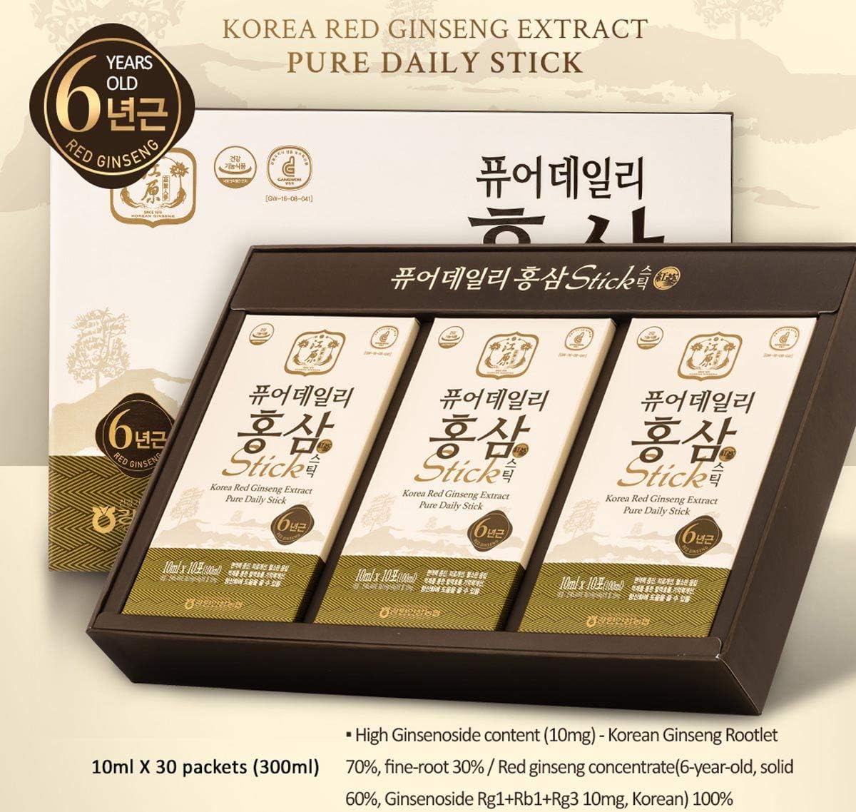 Korean Red Ginseng Extract Pure Daily Sticks (30 Count) - 6 Year Extract, Individually Packaged, Korean Food - 3 Boxes