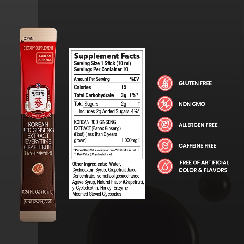 Korean Red Ginseng Extract Stick with Grapefruit Flavor - Antioxidant Energy Supplement for Men & Women, 10 Sticks